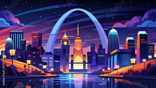Very beautiful night view of St. Louis, Missouri, USA, featuring illuminated skyscrapers reflecting in the river, glowing city lights, and a realistic vibrant urban skyline under a dark evening sky.