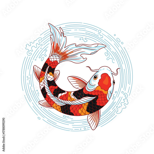 Illustration of two koi fish swimming in a circular wave pattern on a white background