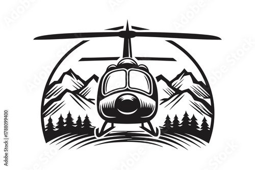 Black silhouette features a helicopter hovering near mountains and trees in a simplistic style