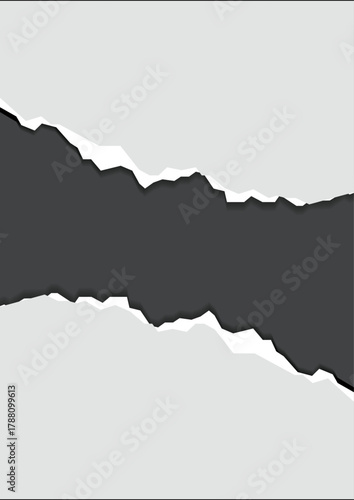 Torn gray and white paper background with dark copy space in the middle. Abstract design, ripped banner, broken frame, rough edges. Vector, template, texture, backdrop