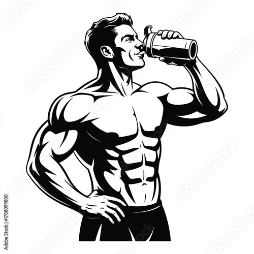 Strong muscular man drinking protein shake after workout in gym