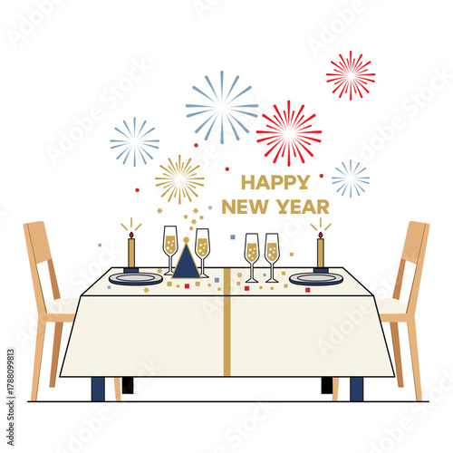 Festive dinner table setup for New Year’s Eve, minimal vector art