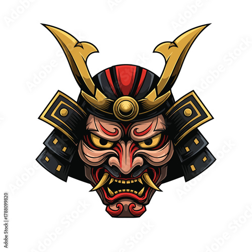 Illustration of a samurai mask with a gold and black helmet on a white background