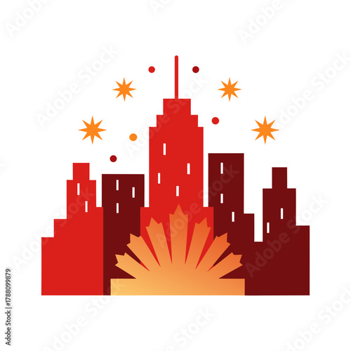 flat vector art of fireworks exploding over a city 