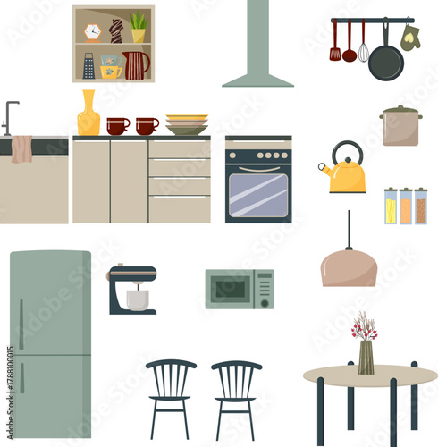 A set of kitchen appliances, an oven with an extractor hood and a kitchen table with chairs. Utensils for the kitchen and cooking, refrigerator, microwave oven and mixer.