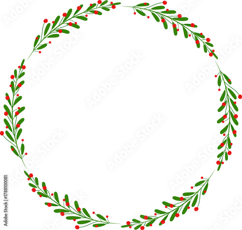 Seasonal Green Garland with Red Berries Circular Frame on Dark Backdrop