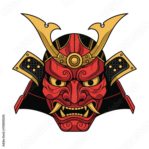 Close-up of a traditional Japanese samurai mask with gold accents on a white background