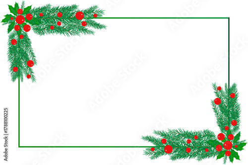 Festive Holiday Frame with Green Garland and Red Berries on Black