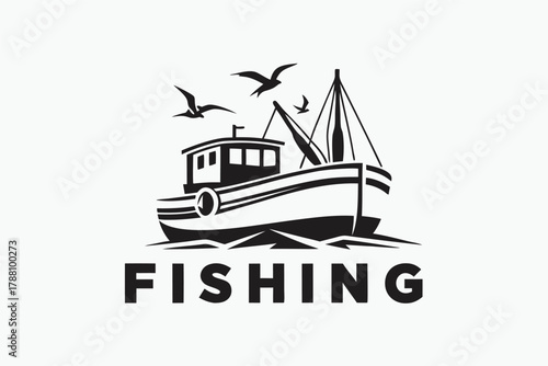 Black silhouette reveals fishing boat sailing with gulls above, complemented by bold FISHING text