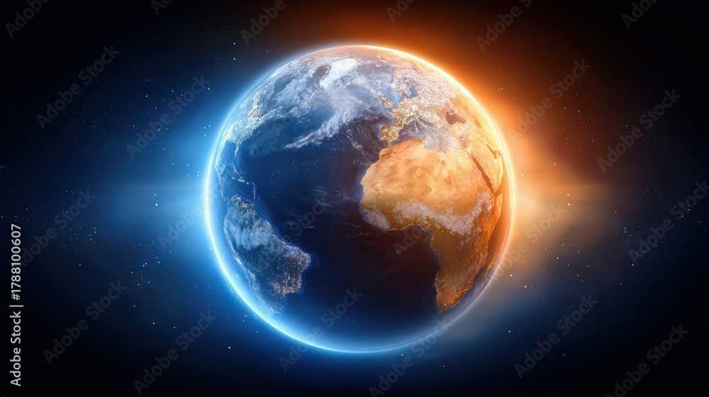 Fototapeta premium Sustainable carbon reduction concept. A stunning view of Earth from space, showcasing vibrant colors of land and water, representing day and night.