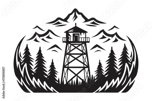 Black silhouette shows mountain lookout tower surrounded by trees and jagged peaks in nature