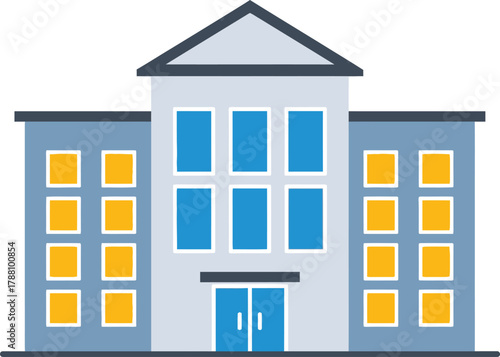 Modern flat design vector illustration of a generic multi-story institutional or commercial building with a pitched roof and multiple windows.