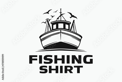 Bold fishing boat silhouette soars, with seagulls circling above in this monochrome vector