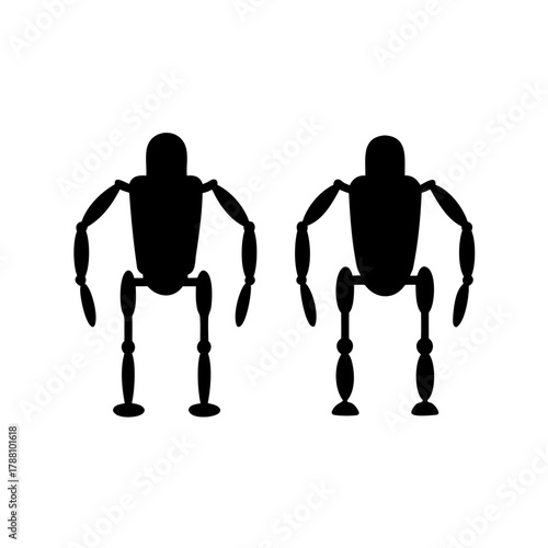 Two black silhouette robots standing on a clean white Vector, illustration
