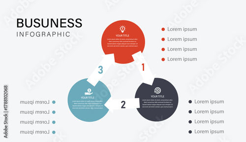 Modern Business Infographic Template with Three Circular Steps and Colorful Arrows for Presentation, Marketing, and Corporate Strategy Design