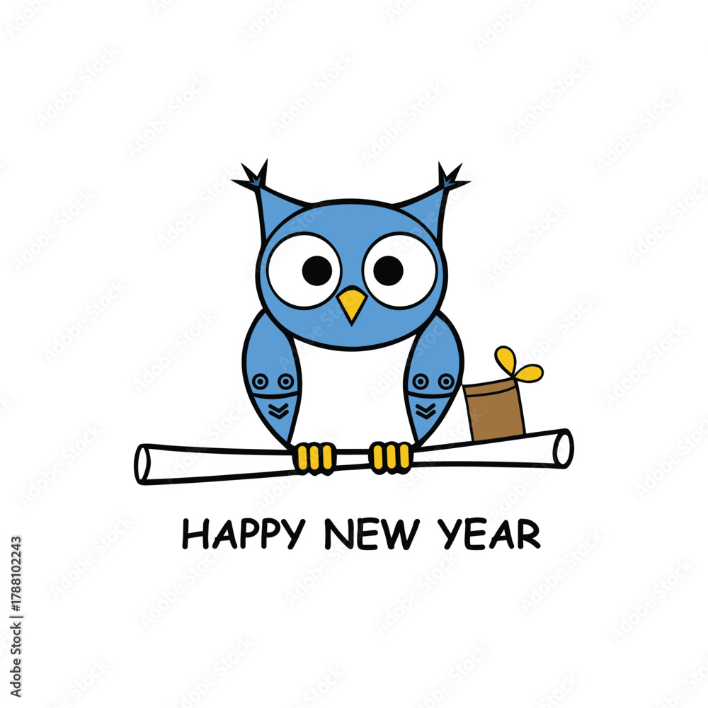 Naklejka premium Blue cartoon owl on scroll with gift and 'happy new year' text