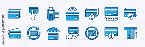 Set of credit card icon. Contains banking, debit, cashless, digital money payment, purchase, transaction, password, secure, insurance, information, cash, withdrawal, wireless - vector illustration