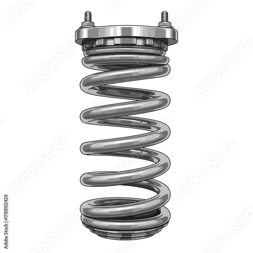 Close-up of a metallic coil spring with a silver finish against a white background