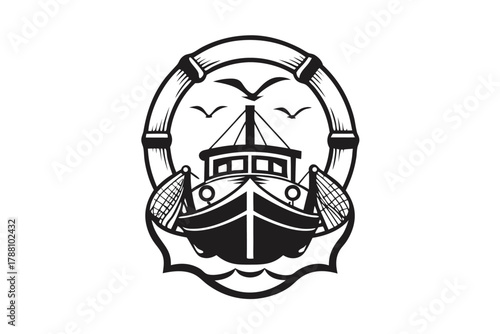 Fishing boat sailing on waves and framed by lifesaver with flying seagulls