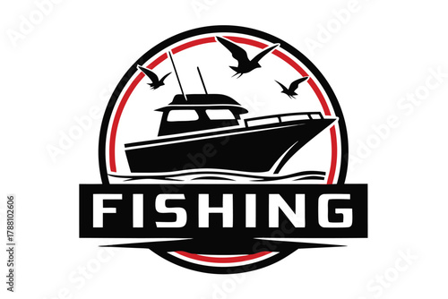 Fishing boat sails under seagulls within the red and black bordered oval on white