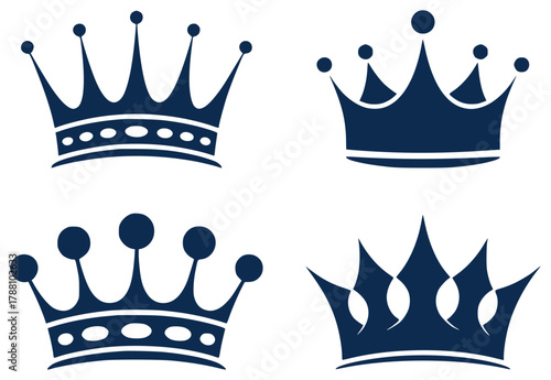 Collection of Four Stylized Dark Blue Crowns on White Background