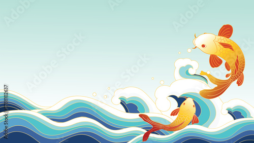 Chinese New Year 2026 vector frame with golden fish and ocean waves — happy elegant design for festive advertising, wallpaper and print media.