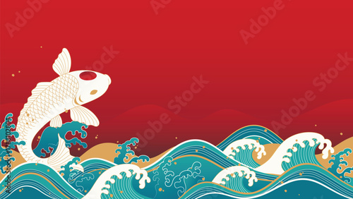 Chinese New Year 2026 vector background with golden koi fish and blue waves — elegant festive design for wallpaper, advertising and packaging.