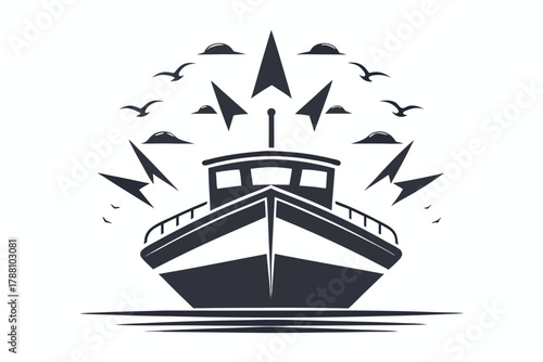 Front view of a fishing boat surrounded by birds and triangular clouds appears powerful