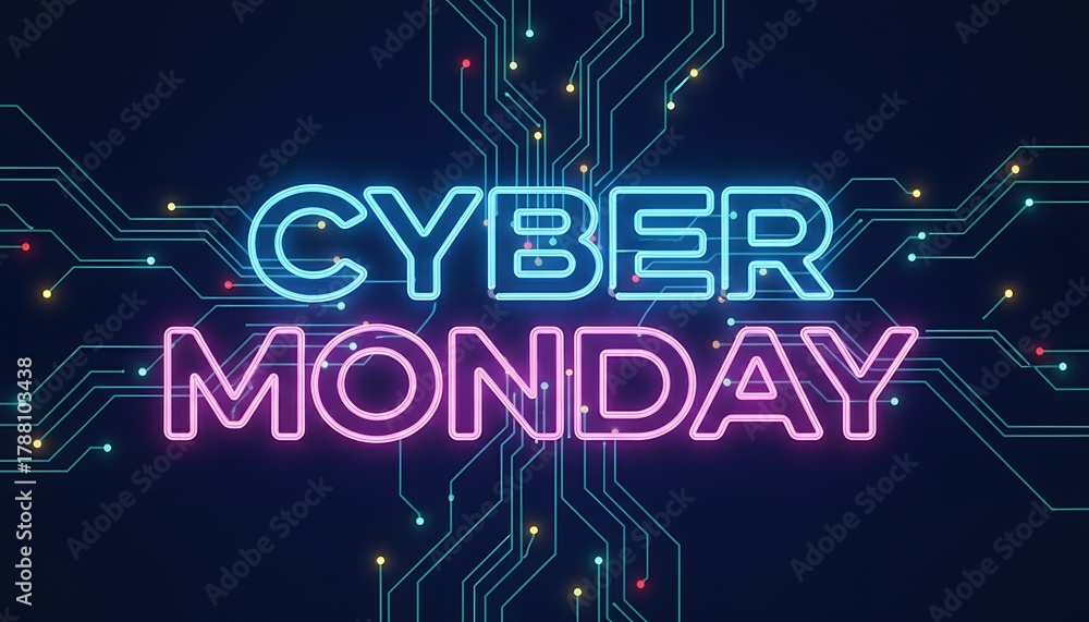 Fototapeta premium Cyber Monday Neon Sign on Dark Teal Studio Backdrop with Circuitry Graphics and Spotlight