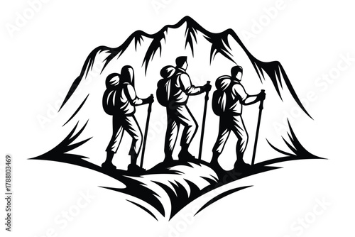 Group of backpackers trekking up mountain with hiking poles depicted in black vector