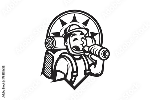 Happy hiker drinks water while backpacking with a compass behind in monochrome style