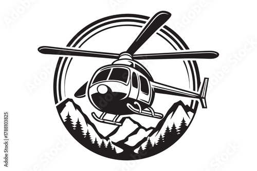 Helicopter soars above rocky mountains within a circular design in black and white