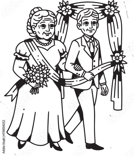 Vintage-inspired wedding illustration depicting a newlywed coupl