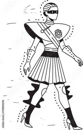 Monochrome stylized illustration of futuristic authoritative fem