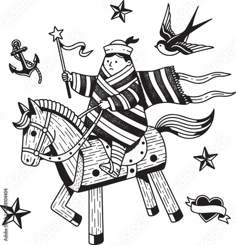 Whimsical monochrome illustration of a child adventurer riding a