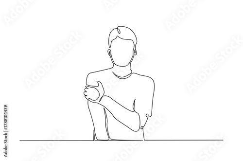 Dislocation of the shoulder in continuous one line drawing. Single line art illustration of Man suffering from pain in shoulder. Editable vector.
