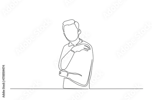 Dislocation of the shoulder in continuous one line drawing. Single line art illustration of Man suffering from pain in shoulder. Editable vector.