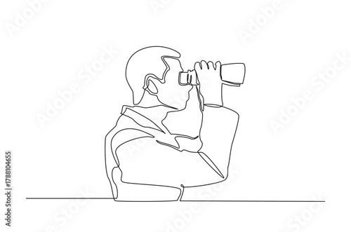 Man spy looking through binoculars in continuous one line drawing. Single line art illustration of Man observe with binoculars. Editable vector.