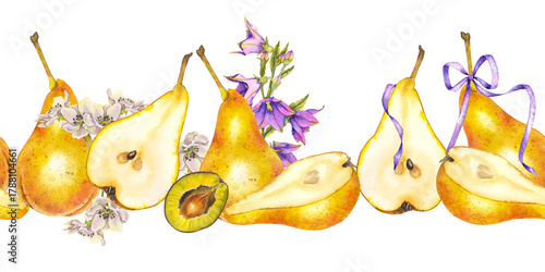 Fotografie Watercolor seamless border yellow pears fruit white blossoms purple bellflowers plum decorative violet ribbons