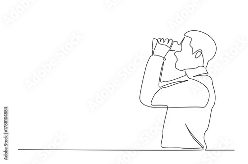 Man spy looking through binoculars in continuous one line drawing. Single line art illustration of Man observe with binoculars. Editable vector.