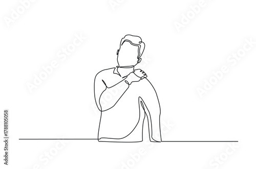 Dislocation of the shoulder in continuous one line drawing. Single line art illustration of Man suffering from pain in shoulder. Editable vector.