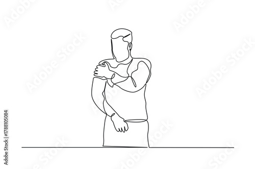 Dislocation of the shoulder in continuous one line drawing. Single line art illustration of Man suffering from pain in shoulder. Editable vector.