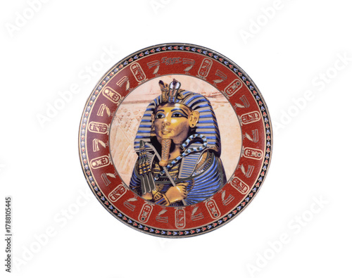 plate with  image of Egyptian Cleopatra isolated on  white background