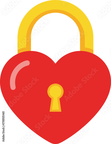 Red heart-shaped padlock with a yellow shackle and keyhole, symbolizing love, security, and commitment in a charming flat design illustration