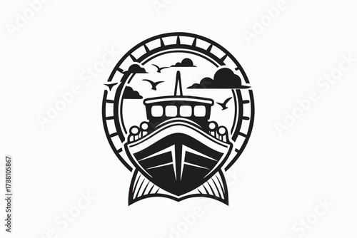 Monochrome emblem showcases a maritime ship silhouette surrounded by stylized clouds and flying birds