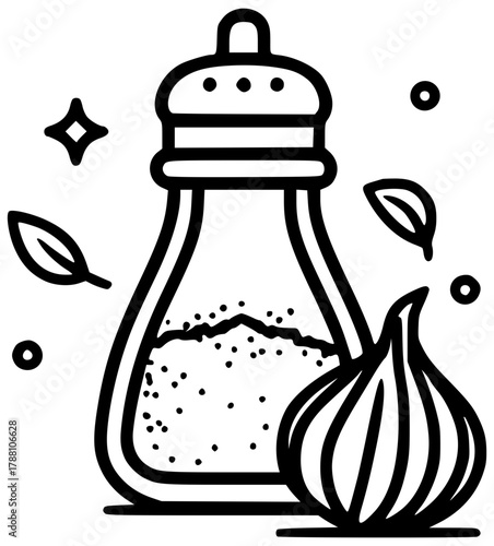 A salt shaker and a head of garlic with basil leaves flying around them