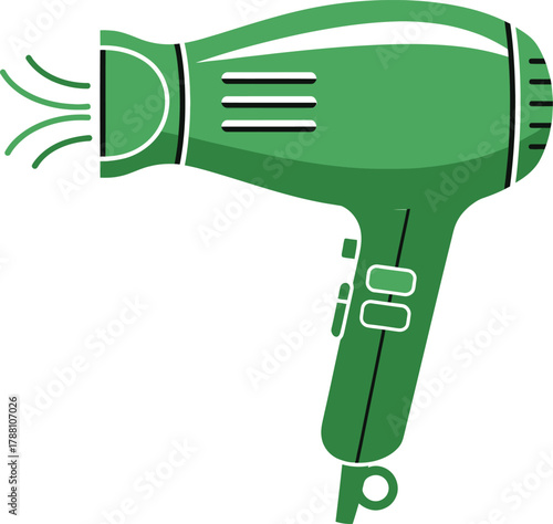 Green hair dryer vector illustration with simple lines and modern flat design, representing personal care, hairstyling, and salon equipment for beauty concepts.