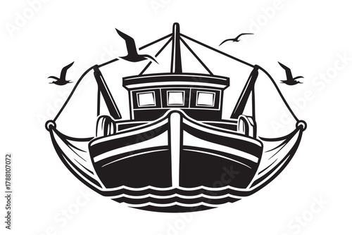 Monochrome fishing boat sailing through waters with birds flying around the net forms a perfect seal