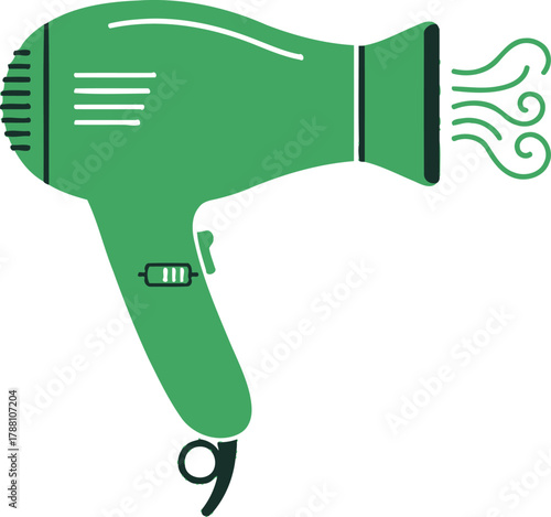 Green hairdryer illustration with stylized air currents, essential electronic grooming device for quick hair drying and styling at home or salon.