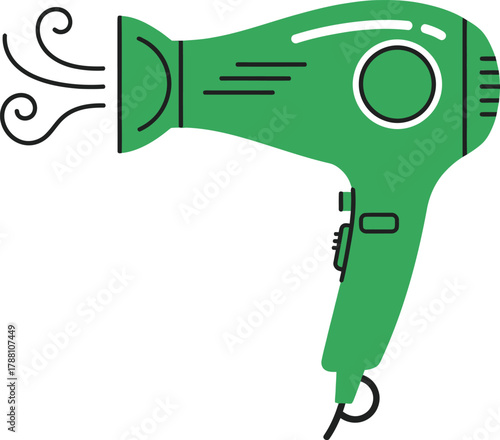 Stylized green hairdryer illustration, a vital electrical appliance for daily personal hair care, grooming, and professional beauty styling.